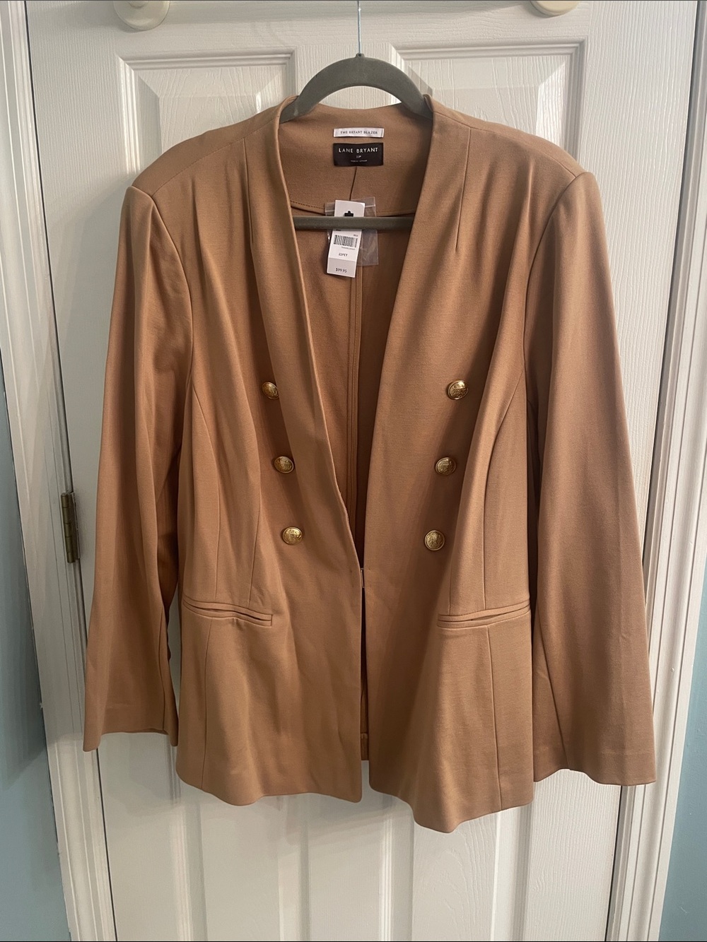 Lane Bryant Camel Double-Breasted Blazer with Gold Buttons